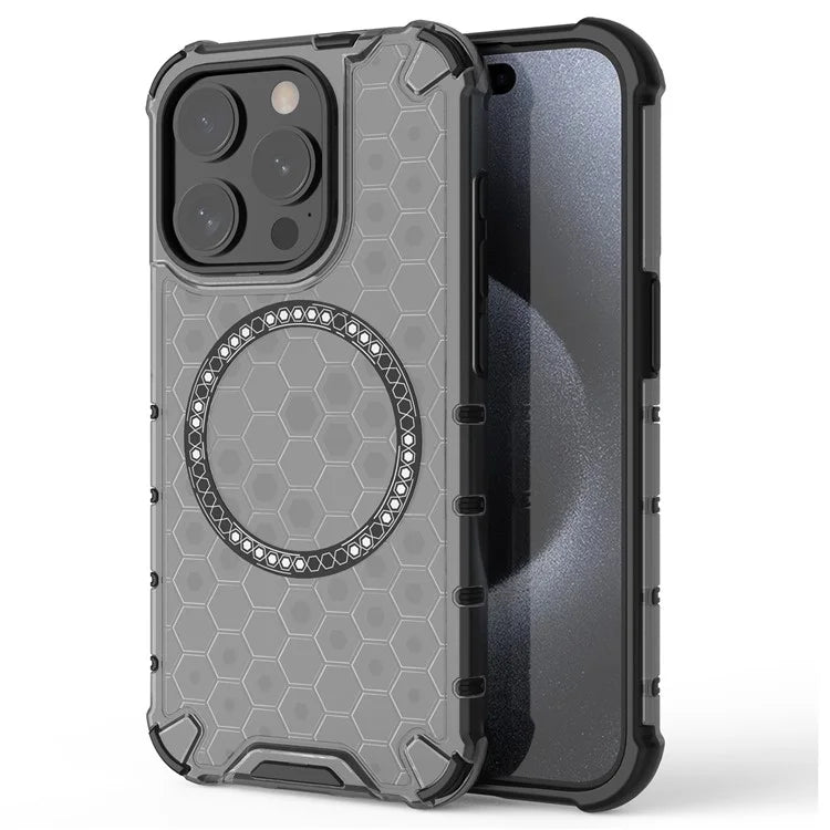 For iPhone 15 Pro Max Case Compatible with MagSafe Honeycomb Texture TPU+PC Phone Cover
