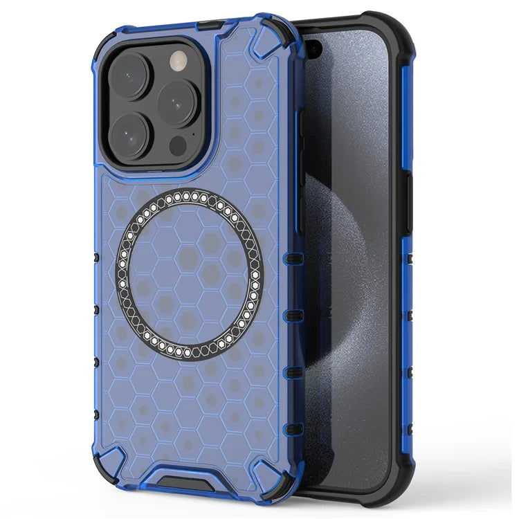 For iPhone 15 Pro Max Case Compatible with MagSafe Honeycomb Texture TPU+PC Phone Cover
