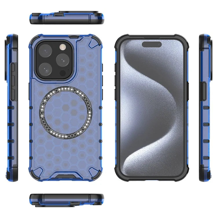 For iPhone 15 Pro Max Case Compatible with MagSafe Honeycomb Texture TPU+PC Phone Cover