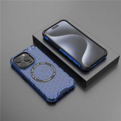 For iPhone 15 Pro Max Case Compatible with MagSafe Honeycomb Texture TPU+PC Phone Cover