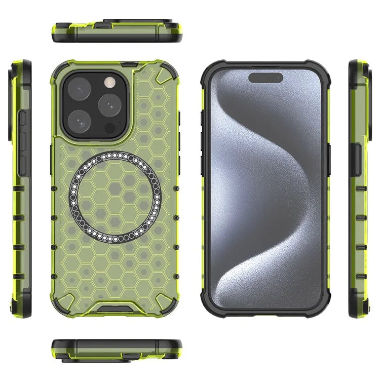 For iPhone 15 Pro Max Case Compatible with MagSafe Honeycomb Texture TPU+PC Phone Cover