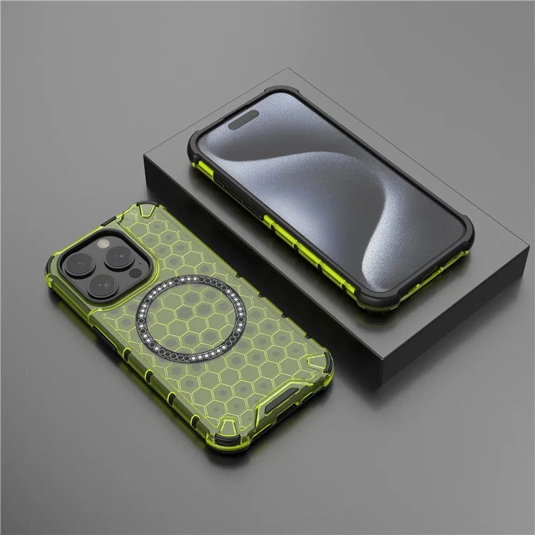 For iPhone 15 Pro Max Case Compatible with MagSafe Honeycomb Texture TPU+PC Phone Cover