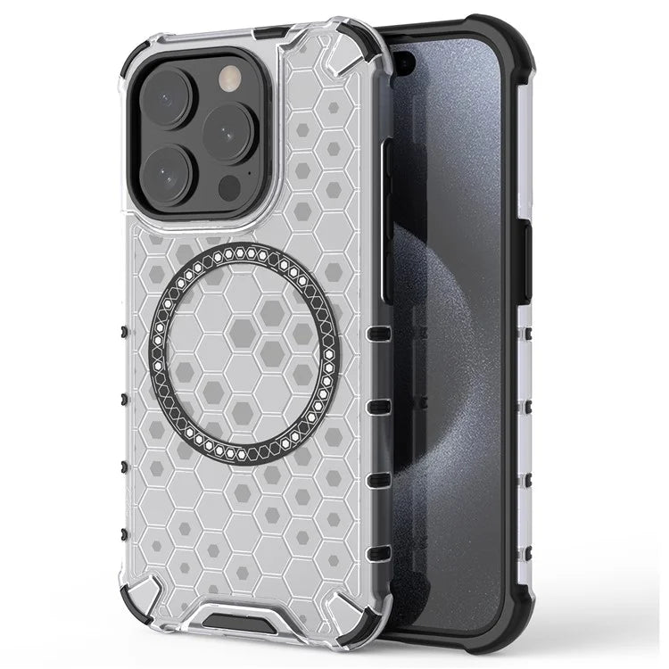 For iPhone 15 Pro Max Case Compatible with MagSafe Honeycomb Texture TPU+PC Phone Cover
