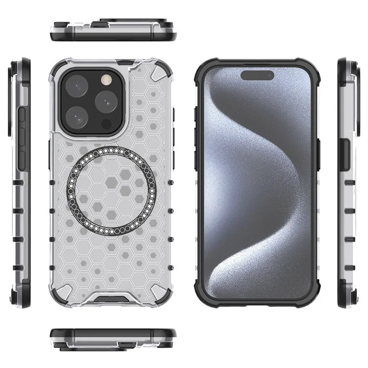 For iPhone 15 Pro Max Case Compatible with MagSafe Honeycomb Texture TPU+PC Phone Cover