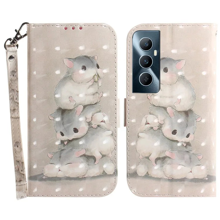 For Realme C65 4G Case with Hand Strap Pattern Printing Phone Leather Cover