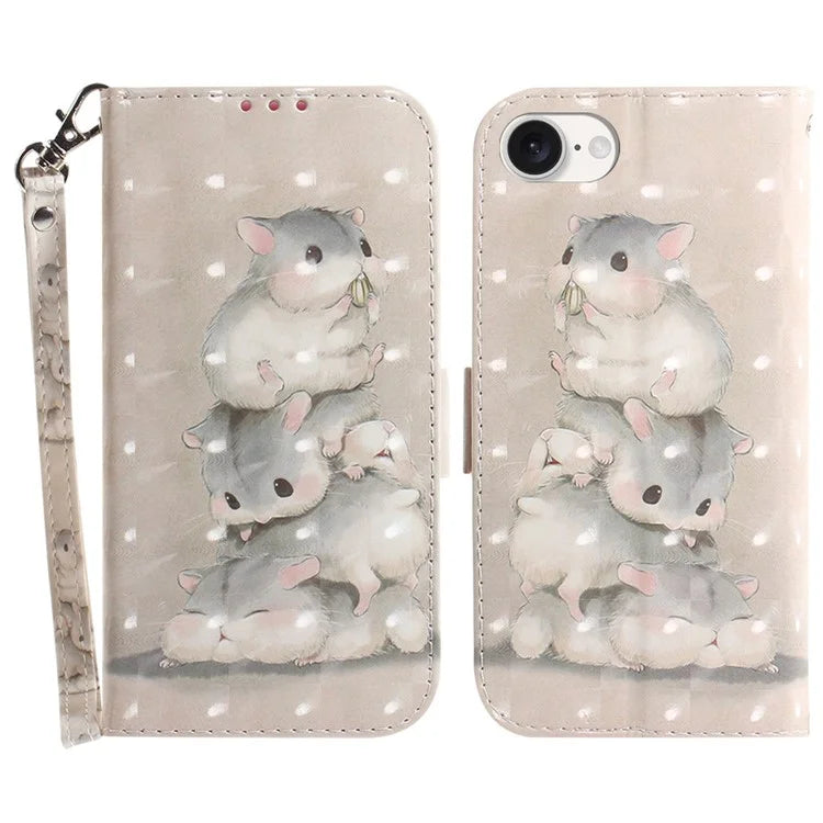 For iPhone SE (2024) Case PU Leather Stand Card Holder Phone Cover 3D Creative Pattern