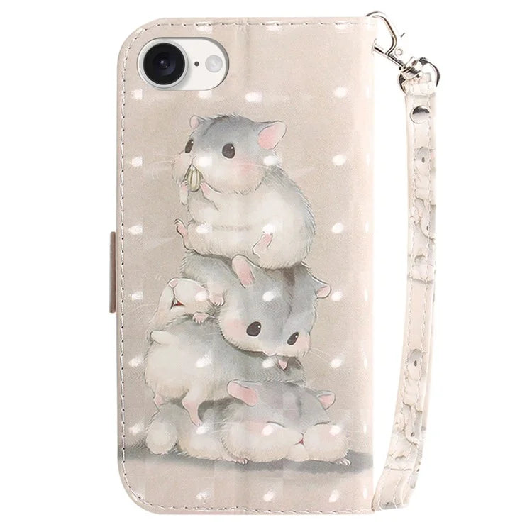For iPhone SE (2024) Case PU Leather Stand Card Holder Phone Cover 3D Creative Pattern