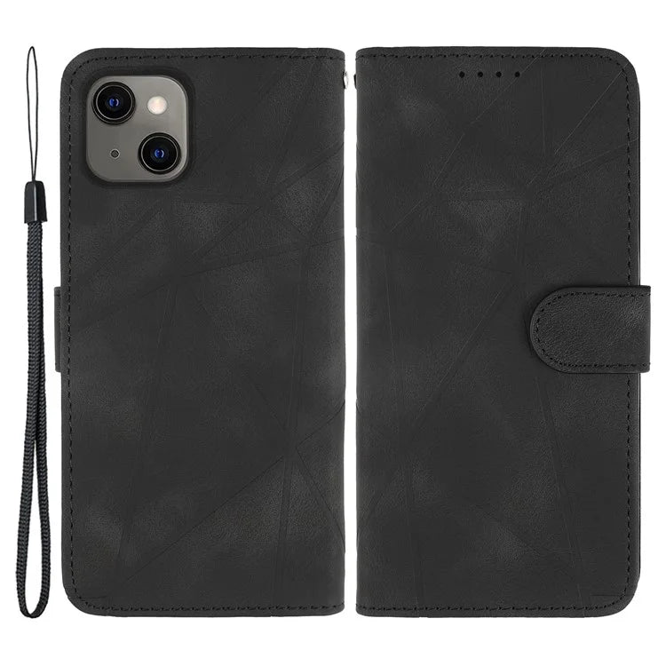 For iPhone 13 / 14 Case Lines Imprint PU Leather Wallet Phone Cover with Hand Strap