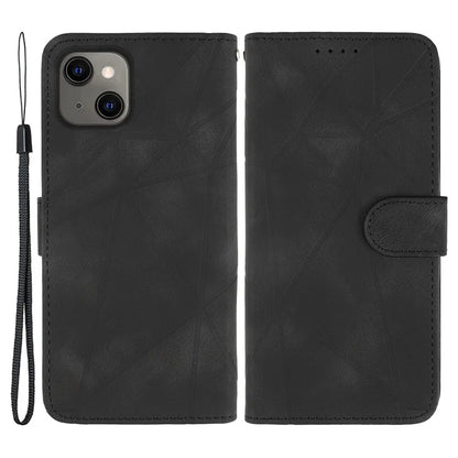 For iPhone 13 / 14 Case Lines Imprint PU Leather Wallet Phone Cover with Hand Strap
