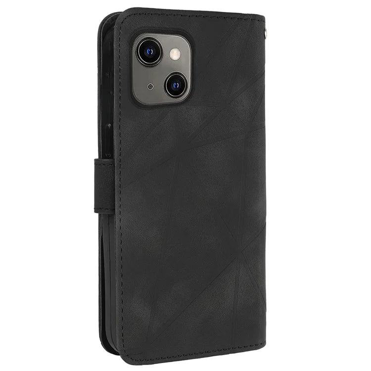 For iPhone 13 / 14 Case Lines Imprint PU Leather Wallet Phone Cover with Hand Strap