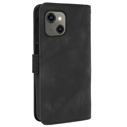 For iPhone 13 / 14 Case Lines Imprint PU Leather Wallet Phone Cover with Hand Strap