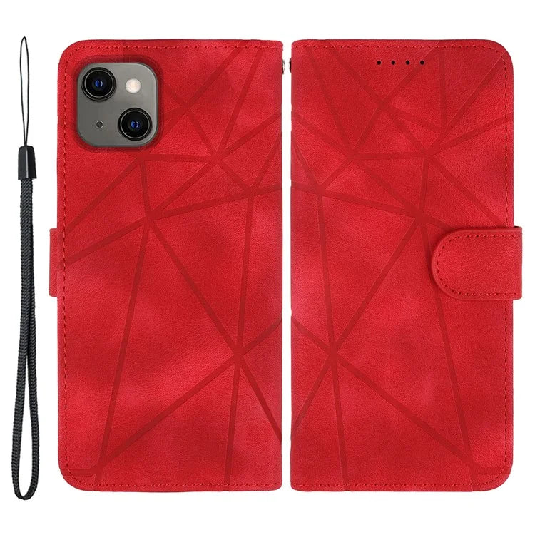 For iPhone 13 / 14 Case Lines Imprint PU Leather Wallet Phone Cover with Hand Strap
