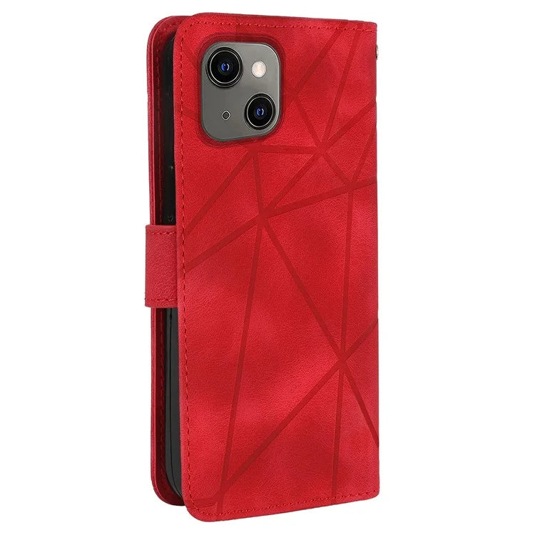 For iPhone 13 / 14 Case Lines Imprint PU Leather Wallet Phone Cover with Hand Strap