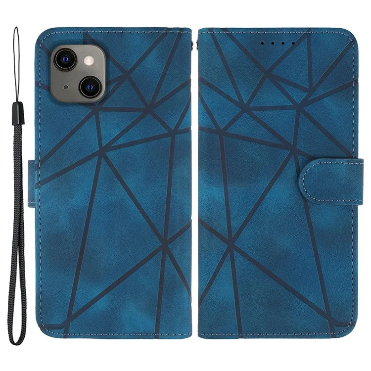 For iPhone 13 / 14 Case Lines Imprint PU Leather Wallet Phone Cover with Hand Strap