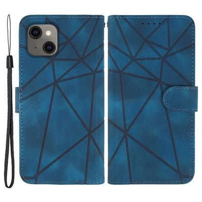 For iPhone 13 / 14 Case Lines Imprint PU Leather Wallet Phone Cover with Hand Strap