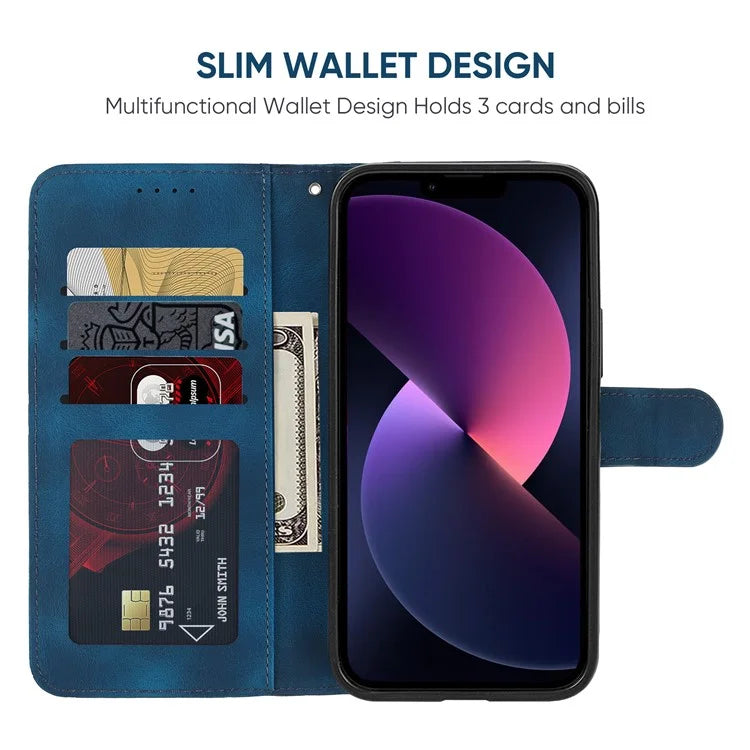 For iPhone 13 / 14 Case Lines Imprint PU Leather Wallet Phone Cover with Hand Strap