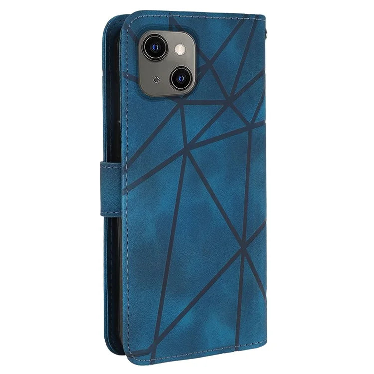 For iPhone 13 / 14 Case Lines Imprint PU Leather Wallet Phone Cover with Hand Strap
