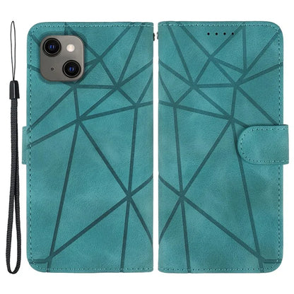 For iPhone 13 / 14 Case Lines Imprint PU Leather Wallet Phone Cover with Hand Strap