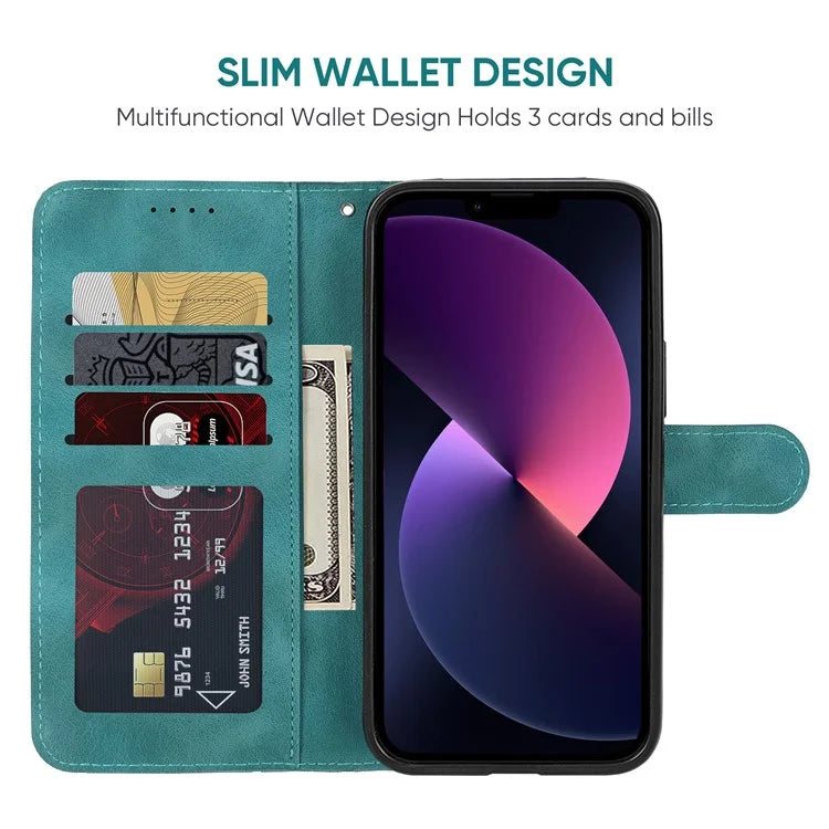 For iPhone 13 / 14 Case Lines Imprint PU Leather Wallet Phone Cover with Hand Strap