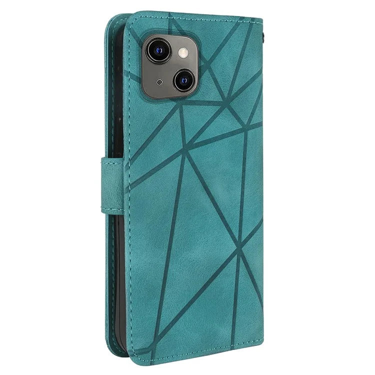 For iPhone 13 / 14 Case Lines Imprint PU Leather Wallet Phone Cover with Hand Strap