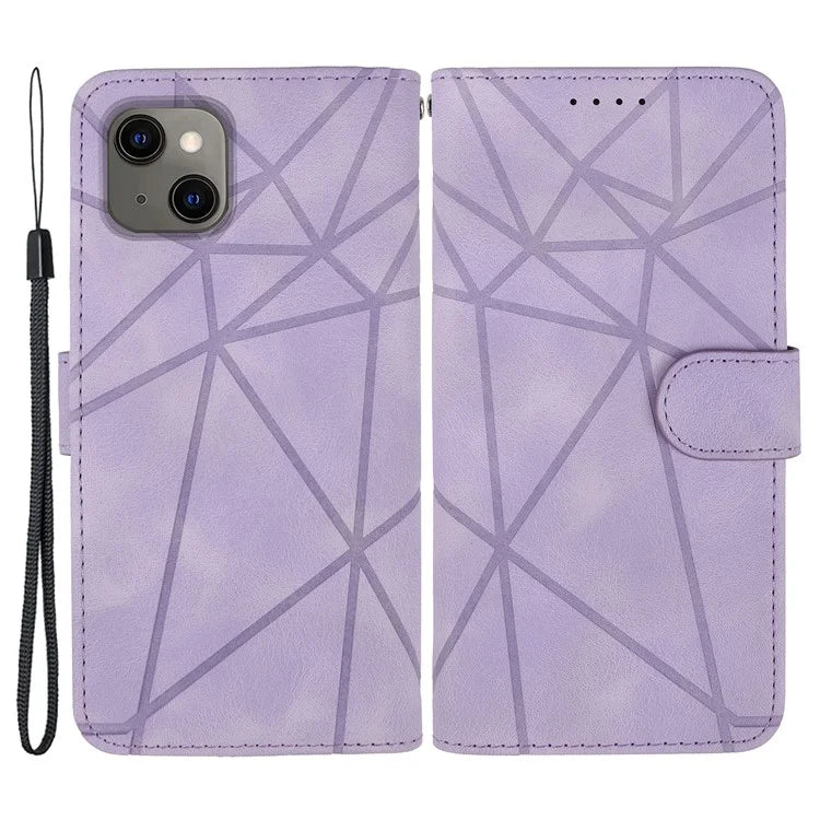 For iPhone 13 / 14 Case Lines Imprint PU Leather Wallet Phone Cover with Hand Strap