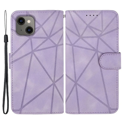For iPhone 13 / 14 Case Lines Imprint PU Leather Wallet Phone Cover with Hand Strap