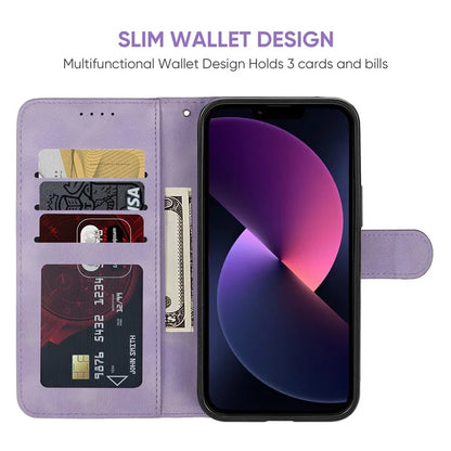 For iPhone 13 / 14 Case Lines Imprint PU Leather Wallet Phone Cover with Hand Strap