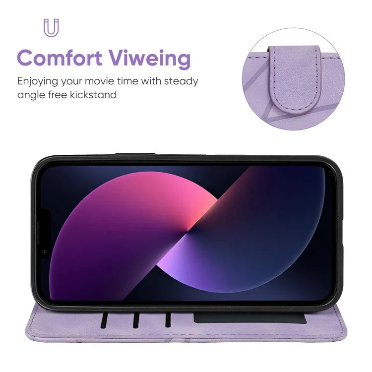 For iPhone 13 / 14 Case Lines Imprint PU Leather Wallet Phone Cover with Hand Strap