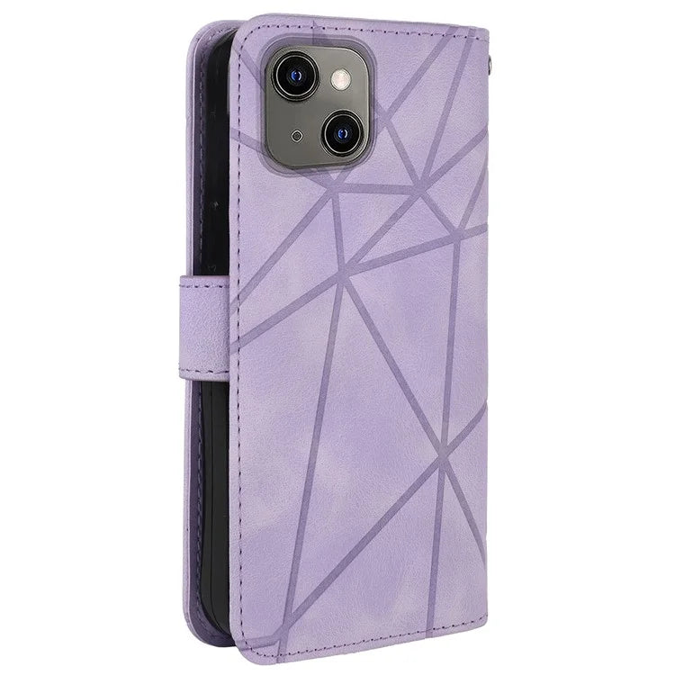 For iPhone 13 / 14 Case Lines Imprint PU Leather Wallet Phone Cover with Hand Strap
