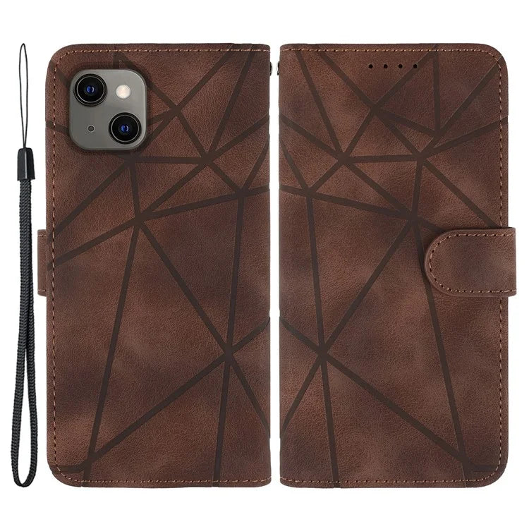 For iPhone 13 / 14 Case Lines Imprint PU Leather Wallet Phone Cover with Hand Strap