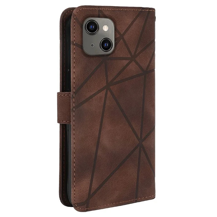 For iPhone 13 / 14 Case Lines Imprint PU Leather Wallet Phone Cover with Hand Strap