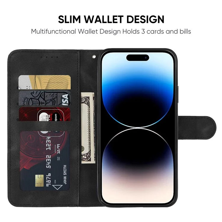 For iPhone 14 Pro Wallet Case Lines Imprint Skin-Touch Leather Phone Cover with Strap