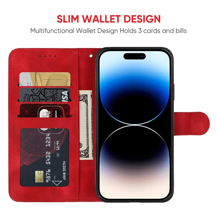 For iPhone 14 Pro Wallet Case Lines Imprint Skin-Touch Leather Phone Cover with Strap