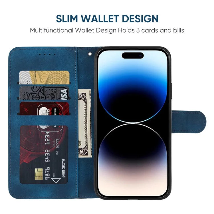For iPhone 14 Pro Wallet Case Lines Imprint Skin-Touch Leather Phone Cover with Strap