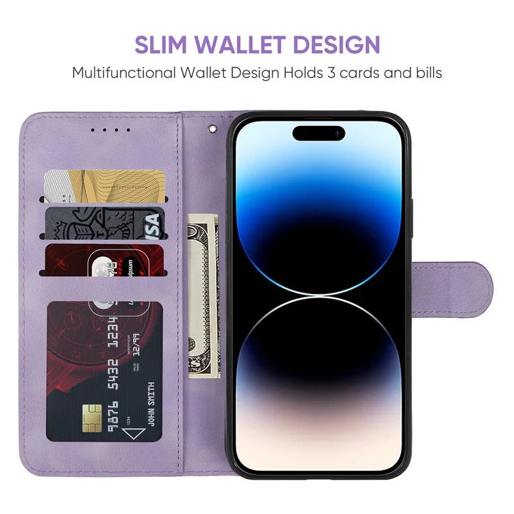 For iPhone 14 Pro Wallet Case Lines Imprint Skin-Touch Leather Phone Cover with Strap
