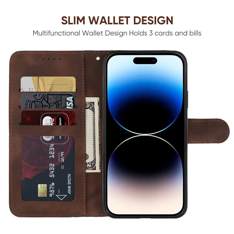 For iPhone 14 Pro Wallet Case Lines Imprint Skin-Touch Leather Phone Cover with Strap