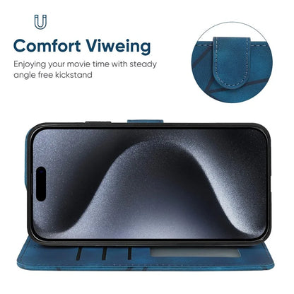 For iPhone 15 Pro Max Wallet Case Lines Imprint Skin-Touch Leather Phone Cover