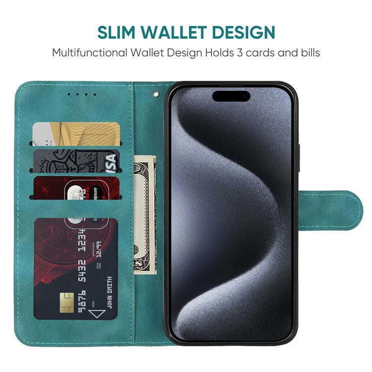For iPhone 15 Pro Max Wallet Case Lines Imprint Skin-Touch Leather Phone Cover