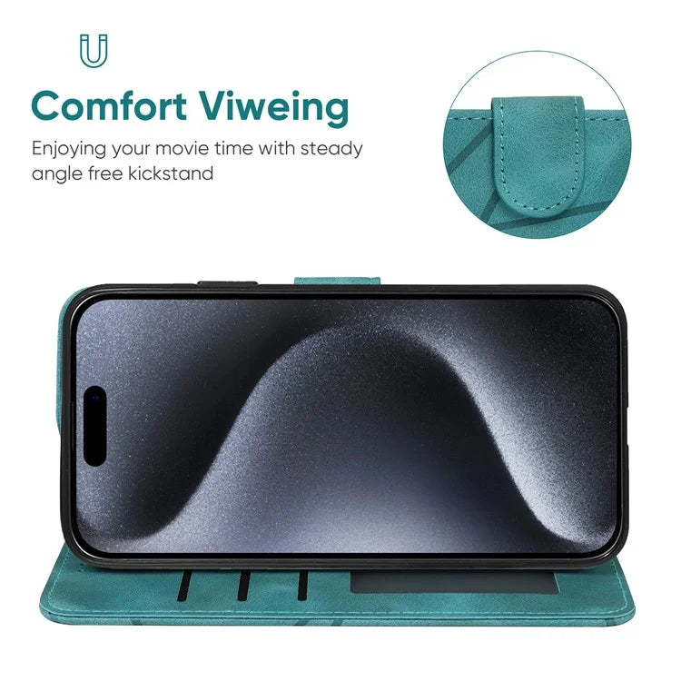 For iPhone 15 Pro Max Wallet Case Lines Imprint Skin-Touch Leather Phone Cover