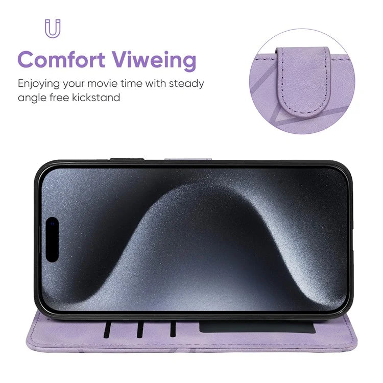 For iPhone 15 Pro Max Wallet Case Lines Imprint Skin-Touch Leather Phone Cover