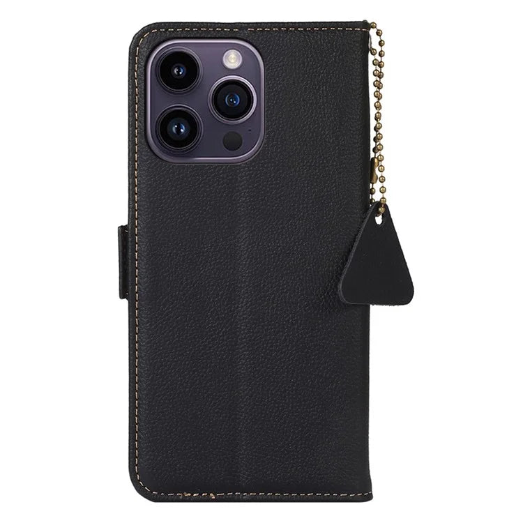 TJ For iPhone 16 Pro Case Genuine Cow Leather Phone Cover with RFID Blocking Wallet