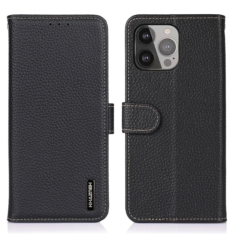 KHAZNEH For iPhone 16 Pro Max Case Litchi Texture Genuine Cow Leather Folio Cover with Card Holder