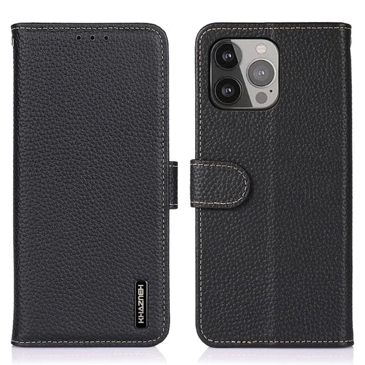 KHAZNEH For iPhone 16 Pro Max Case Litchi Texture Genuine Cow Leather Folio Cover with Card Holder