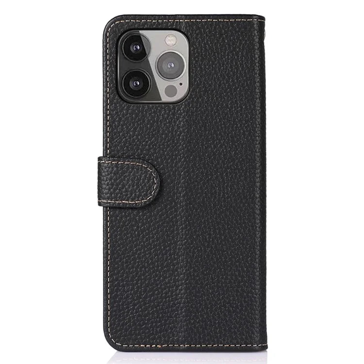 KHAZNEH For iPhone 16 Pro Max Case Litchi Texture Genuine Cow Leather Folio Cover with Card Holder