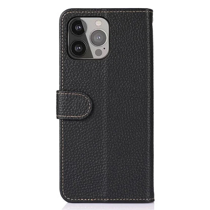 KHAZNEH For iPhone 16 Pro Max Case Litchi Texture Genuine Cow Leather Folio Cover with Card Holder
