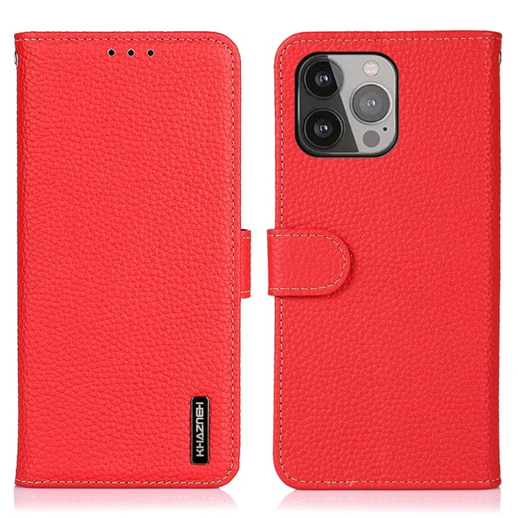 KHAZNEH For iPhone 16 Pro Max Case Litchi Texture Genuine Cow Leather Folio Cover with Card Holder