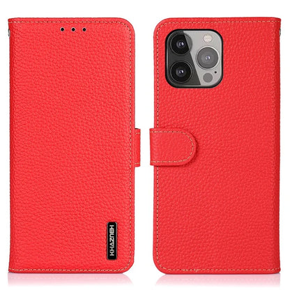 KHAZNEH For iPhone 16 Pro Max Case Litchi Texture Genuine Cow Leather Folio Cover with Card Holder