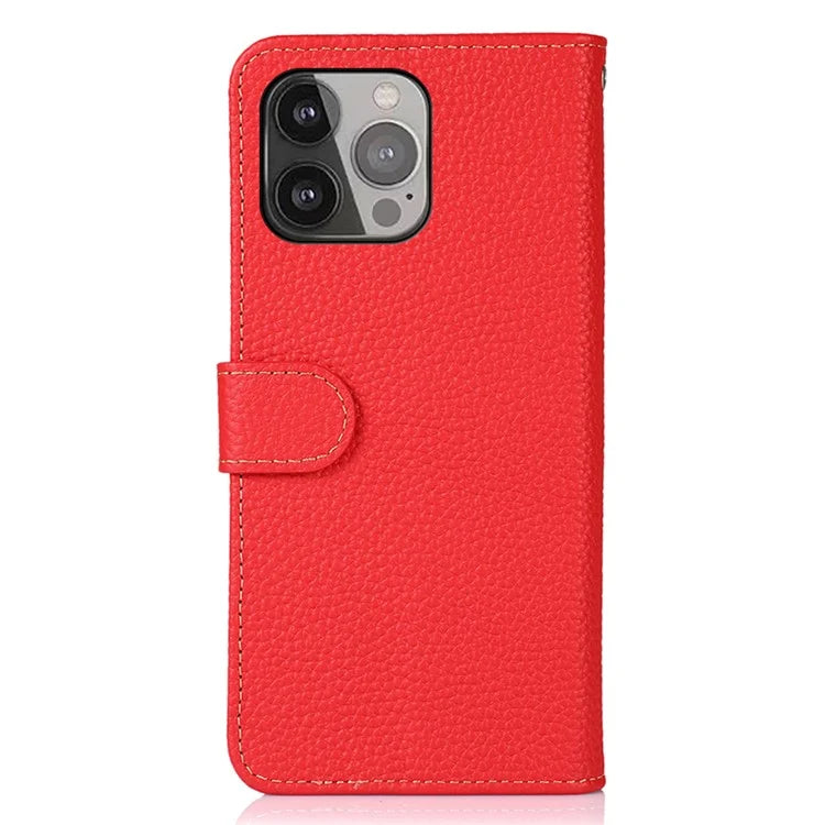 KHAZNEH For iPhone 16 Pro Max Case Litchi Texture Genuine Cow Leather Folio Cover with Card Holder