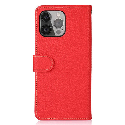 KHAZNEH For iPhone 16 Pro Max Case Litchi Texture Genuine Cow Leather Folio Cover with Card Holder