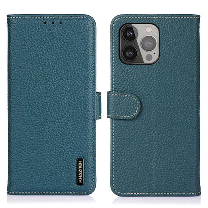 KHAZNEH For iPhone 16 Pro Max Case Litchi Texture Genuine Cow Leather Folio Cover with Card Holder